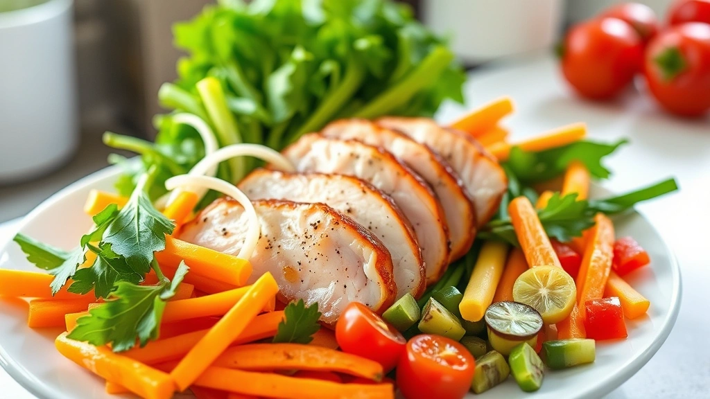 Colorful assorted fresh vegetables and lean proteins arranged on a white plate, natural kitchen lighting