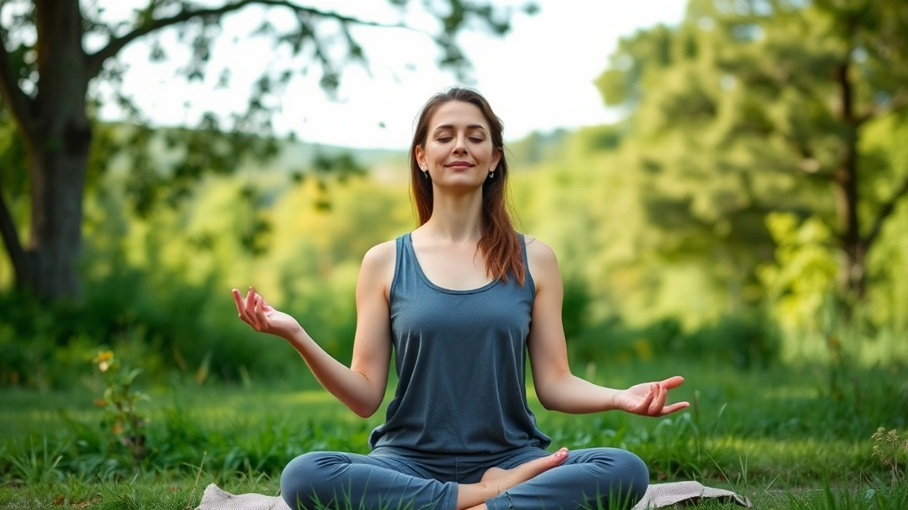 Woman meditating outdoors in nature with peaceful expression, demonstrating stress management and mental wellness for holistic health