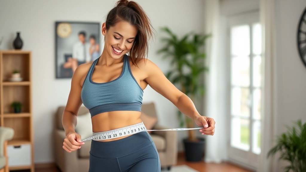 Fit woman measuring waist circumference, smiling while tracking fitness progress and health improvements in home environment with positive energy