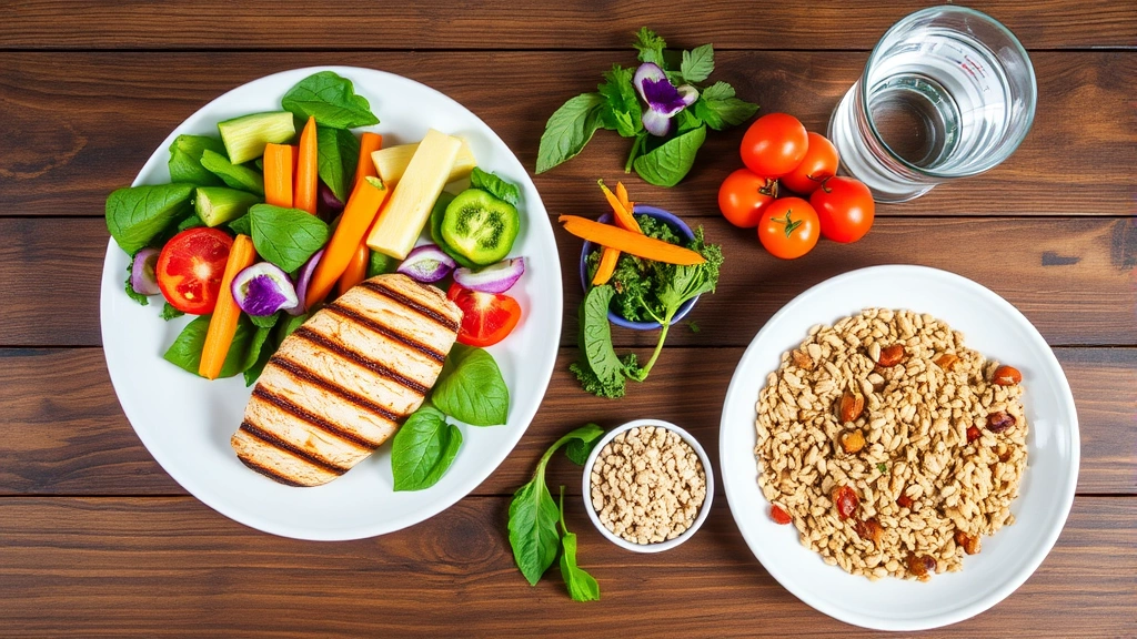 Nutritious meal spread on wooden table with grilled chicken breast, colorful vegetables, whole grains, and water glass, fresh ingredients, appetizing presentation