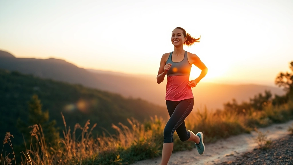 Woman jogging outdoors on scenic trail during golden hour, athletic build, peaceful expression, nature background, cardiovascular fitness in action