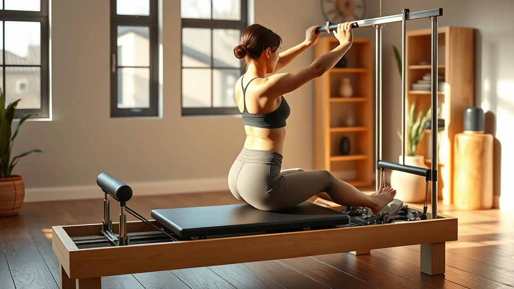 A person doing Pilates on a reformer machine in a wellness studio with natural light, showing proper form and body alignment, photorealistic