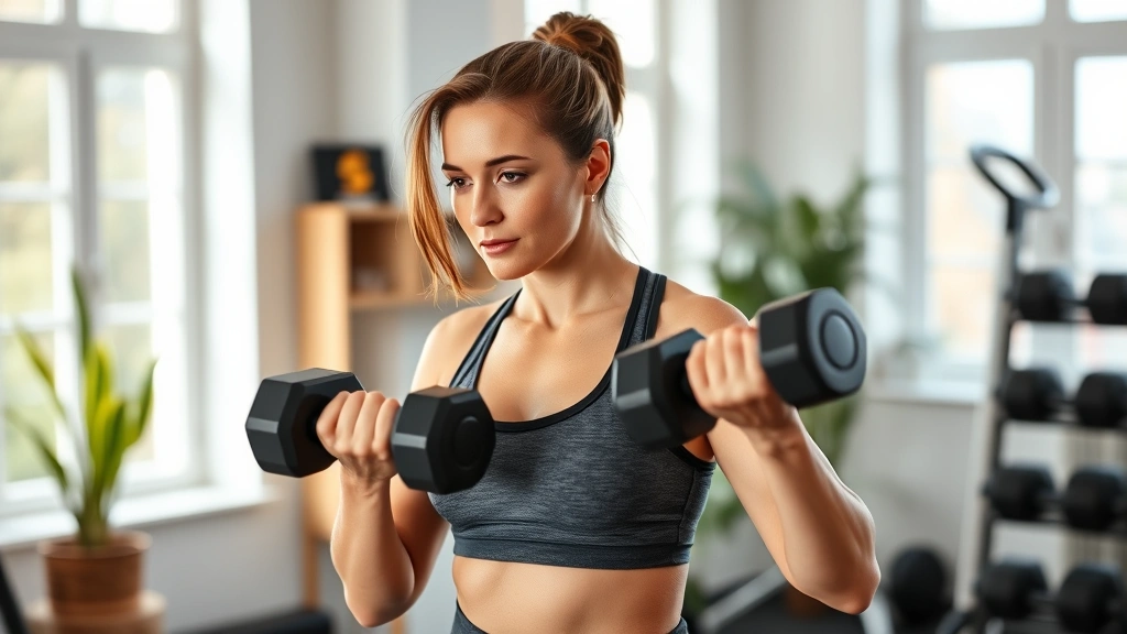 Woman doing resistance training with dumbbells in bright home gym, focused expression, proper form, natural daylight from windows