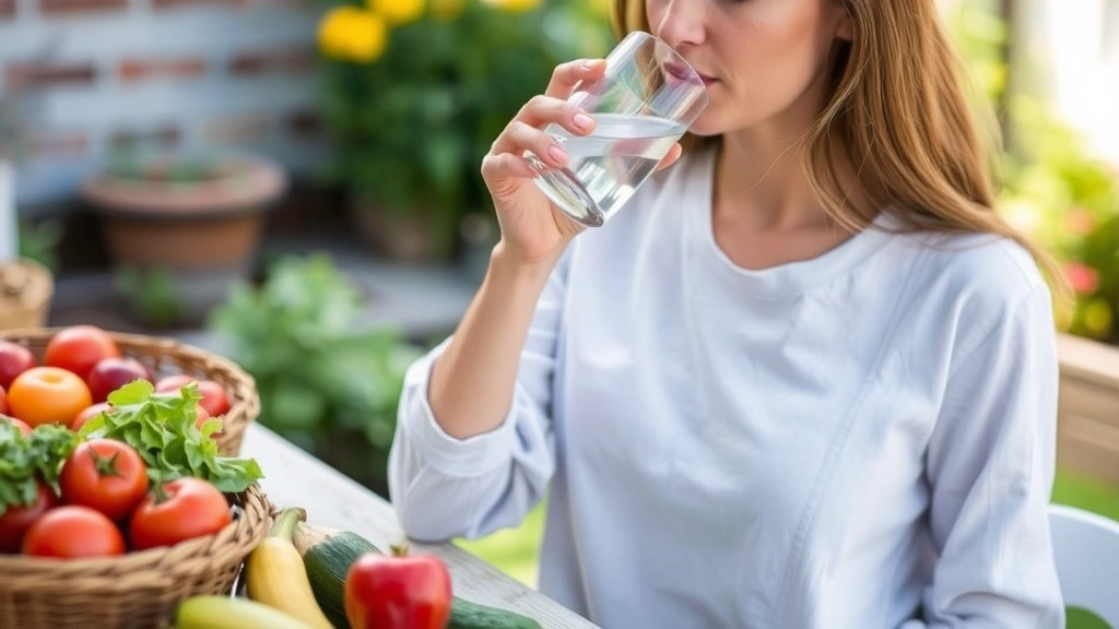 Woman drinking water from a glass with fresh fruit and vegetables visible nearby, outdoor garden setting, healthy lifestyle moment