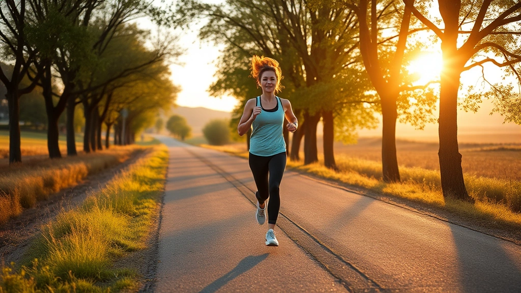 Woman jogging outdoors on peaceful tree-lined path during golden hour, athletic wear, natural landscape background, health and wellness lifestyle