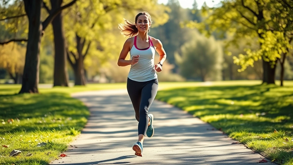 Woman jogging outdoors on a sunny path through a park, athletic wear, energetic movement, natural landscape background, health and vitality emphasized, candid lifestyle photography