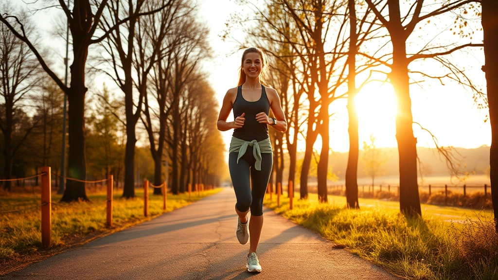 Person jogging outdoors on tree-lined path during golden hour, athletic wear, confident posture, scenic natural background emphasizing active lifestyle and wellness