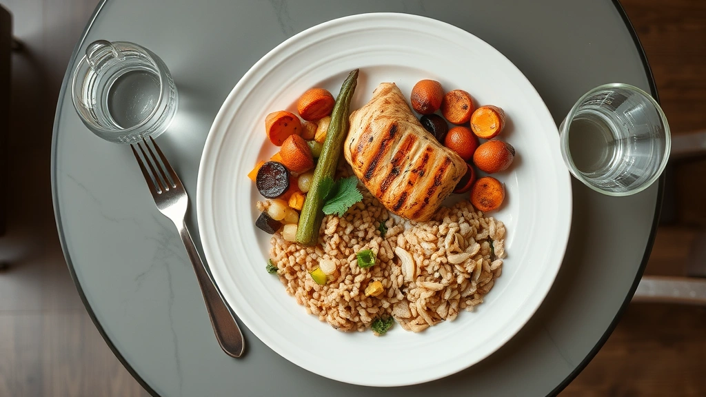 Overhead view of a balanced meal plate with grilled chicken, roasted vegetables, whole grains, and a glass of water on a modern table setting