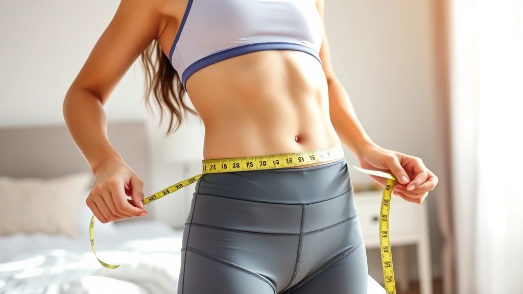 Woman measuring waist with tape measure while smiling, wearing athletic clothes, standing in bedroom with morning sunlight, showing progress and wellness focus