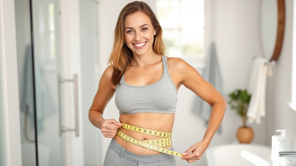 Woman measuring waist with tape measure, smiling, bright bathroom setting, healthy confident expression, morning routine, wellness focused