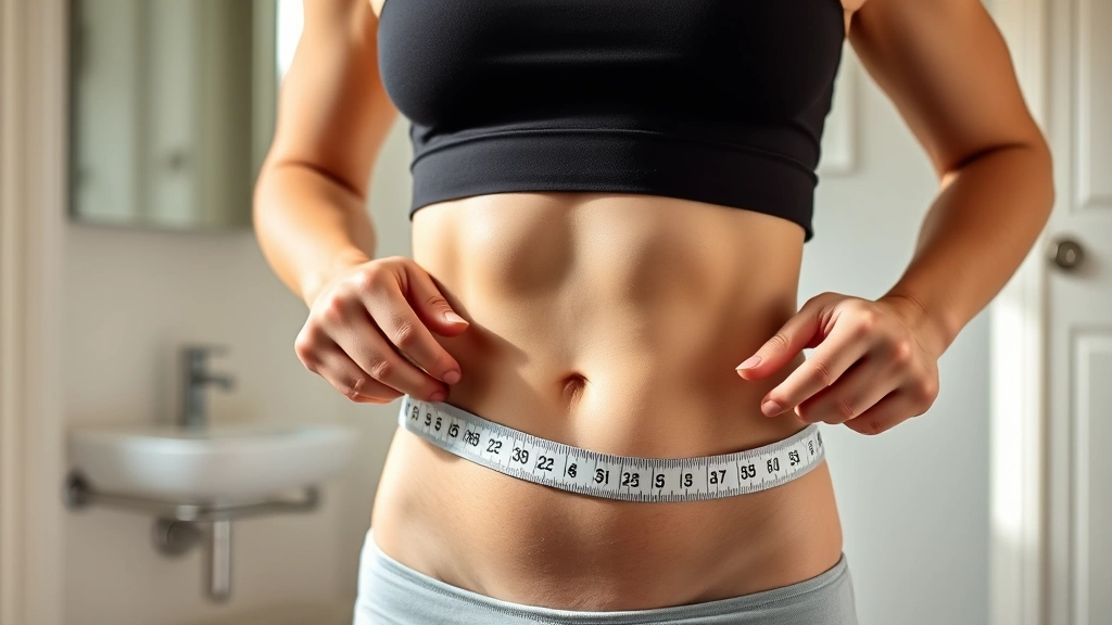 Fit individual measuring waist circumference with measuring tape, positive expression, well-lit bathroom, health tracking and progress monitoring