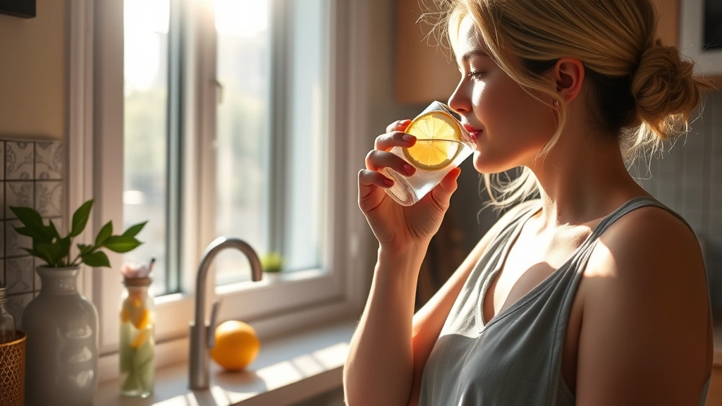 Woman drinking water from glass with fresh lemon, morning sunlight streaming through kitchen window, healthy lifestyle atmosphere