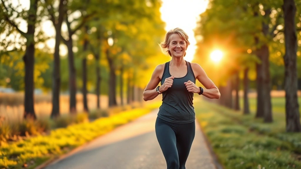 Active middle-aged woman jogging outdoors on tree-lined path during golden hour, wearing comfortable athletic attire, smiling with confidence, scenic natural background showing wellness and vitality