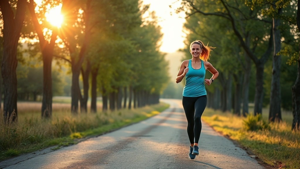 Woman jogging outdoors on tree-lined path during golden hour, athletic wear, natural landscape background, energetic and healthy, showcasing cardiovascular fitness activity