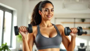 Woman in supportive sports bra doing chest exercises with dumbbells in bright, modern home gym with natural light, confident expression, healthy and fit appearance