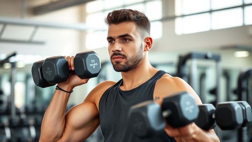 Athletic person doing strength training with dumbbells in a bright gym, focused expression, professional fitness environment, natural lighting, showing proper form and dedication