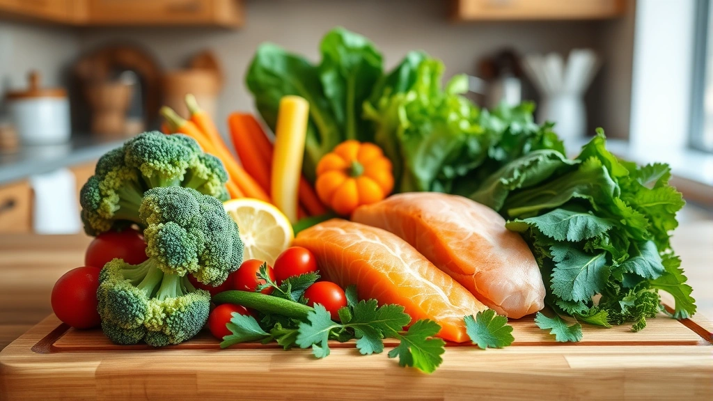 Colorful fresh vegetables and lean proteins arranged on a wooden cutting board, including broccoli, salmon, chicken breast, and various greens, well-lit kitchen setting
