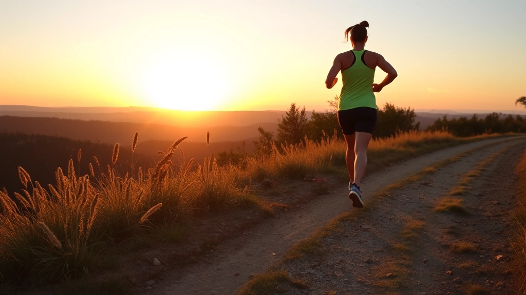 Person jogging outdoors on a scenic trail at sunrise or sunset, healthy posture, natural landscape background, peaceful exercise environment, wellness-focused imagery