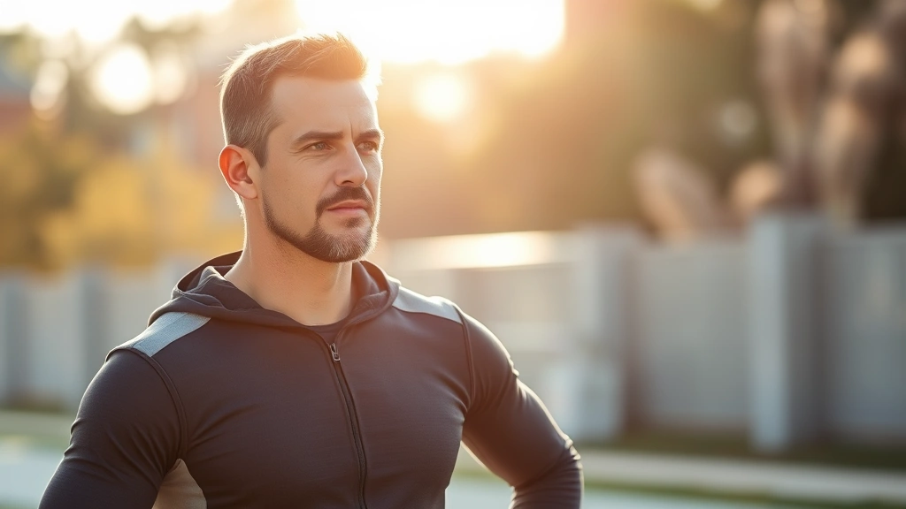 Athletic man in professional coaching attire, confident posture, outdoors in morning sunlight, fit and healthy appearance, motivational fitness setting