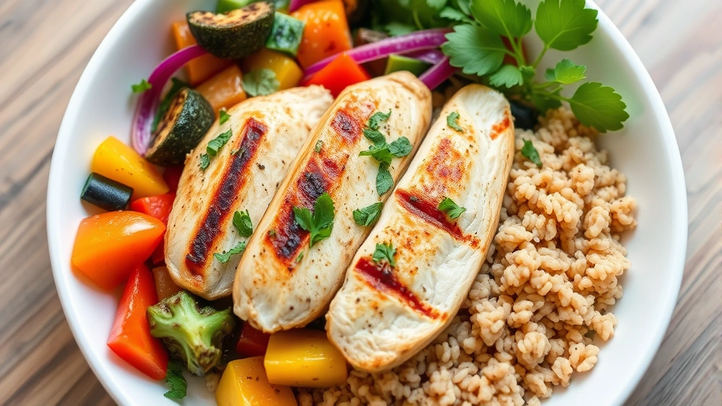 Nutritious meal bowl with grilled chicken breast, colorful vegetables, brown rice, and fresh herbs, clean white plate, natural lighting, appetizing presentation