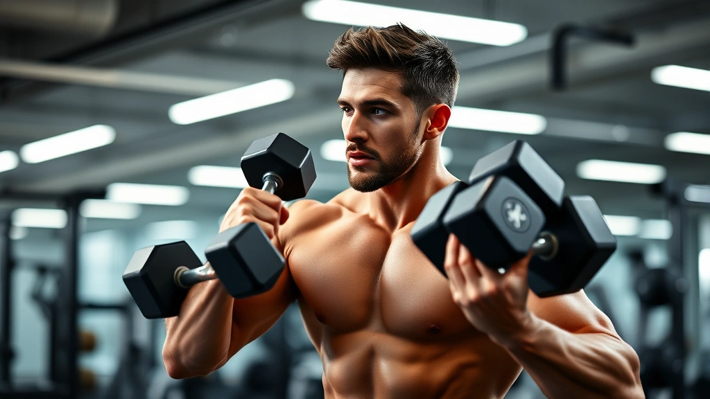 Man doing resistance training with dumbbells in modern gym, focused expression, proper form, strong physique, bright gym lighting