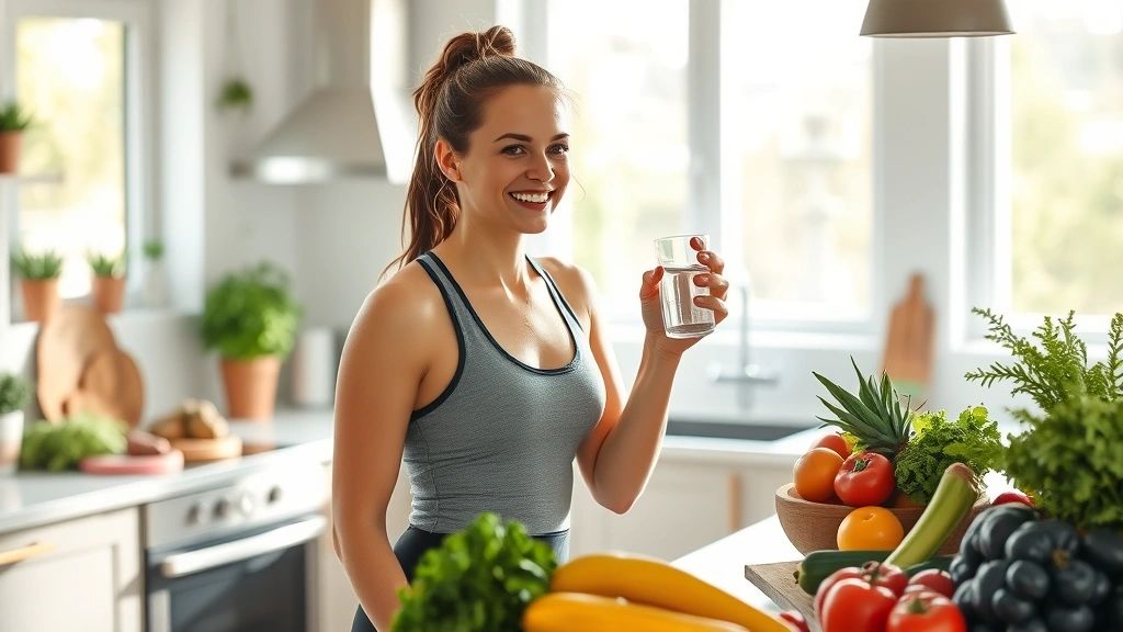 A woman in athletic wear smiling while holding a glass of water in a bright, modern kitchen surrounded by fresh vegetables and fruits on the counter, natural sunlight streaming through windows