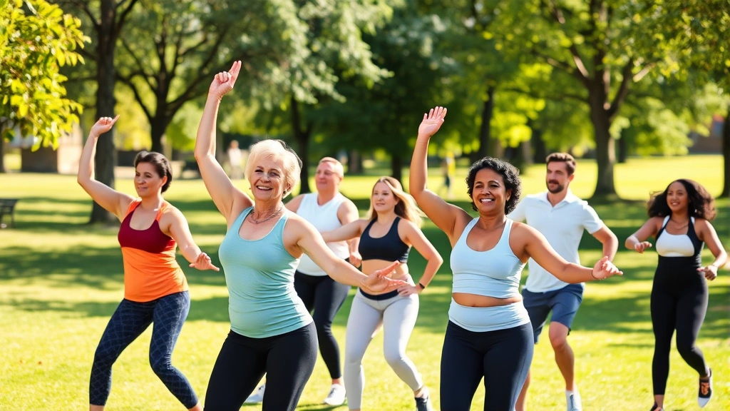A diverse group of people exercising together in a sunny park doing a group fitness class, showing joy and community support during physical activity