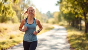 Woman jogging outdoors on a sunny morning path surrounded by trees and greenery, wearing comfortable athletic wear, smiling with energy and vitality