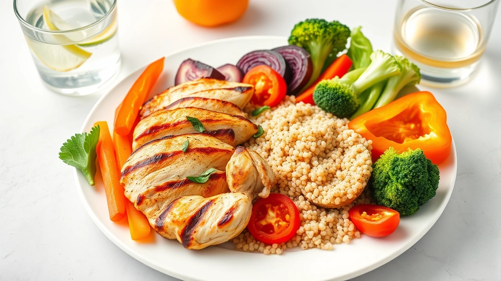 Colorful fresh vegetables and lean proteins arranged on a white plate including grilled chicken, quinoa, broccoli, and bell peppers with a glass of water