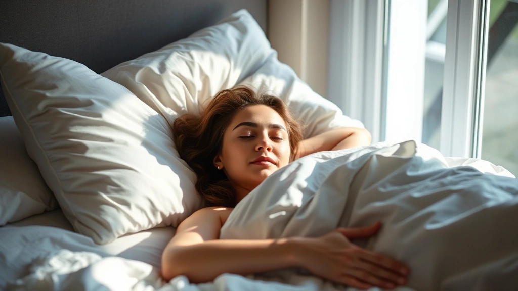 Woman sleeping peacefully in bed with natural morning light coming through window, appearing rested and calm, emphasizing wellness and recovery