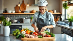 Professional female chef in modern kitchen preparing fresh vegetables and lean protein on wooden cutting board, natural daylight, warm inviting atmosphere