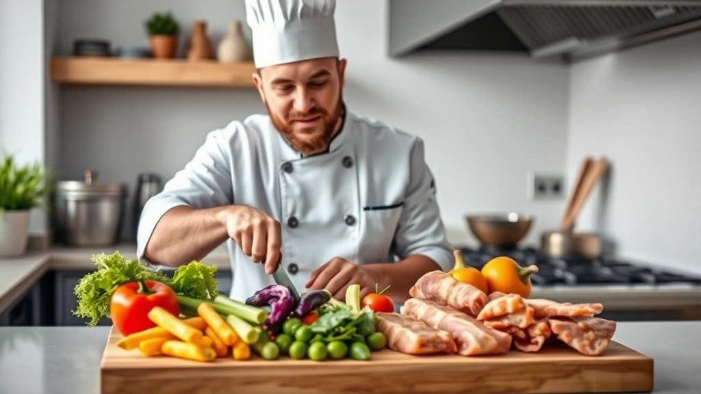 Professional chef in modern kitchen preparing colorful fresh vegetables and lean proteins on wooden cutting board, natural lighting, focused expression