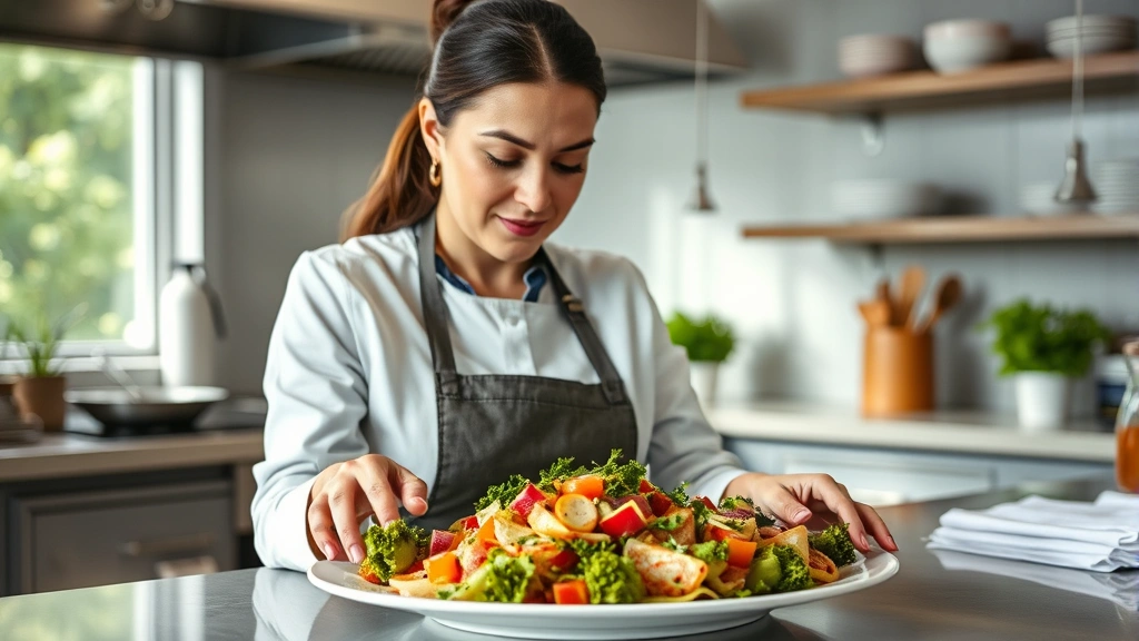 Professional female chef in modern kitchen plating a colorful vegetable-based dish with fresh herbs, natural lighting, focused expression