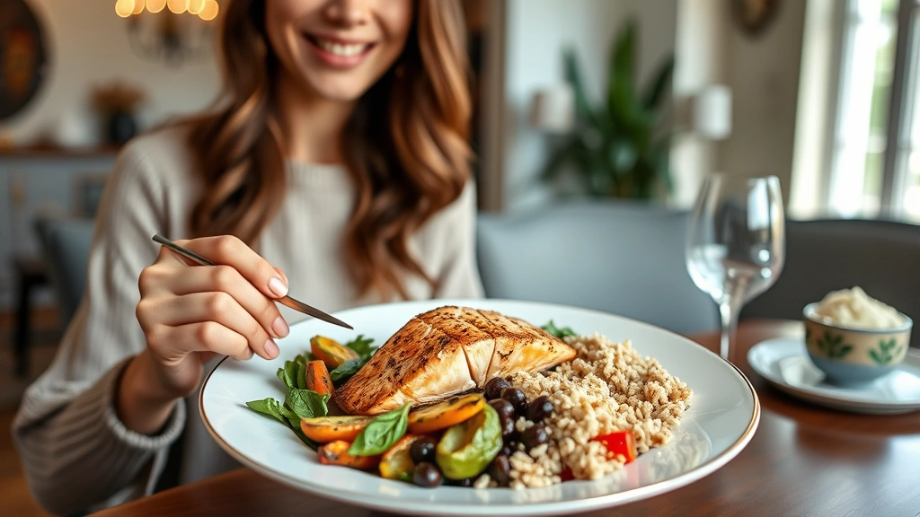 Woman enjoying healthy balanced meal with grilled salmon, roasted vegetables, and whole grains on elegant plate in bright dining area