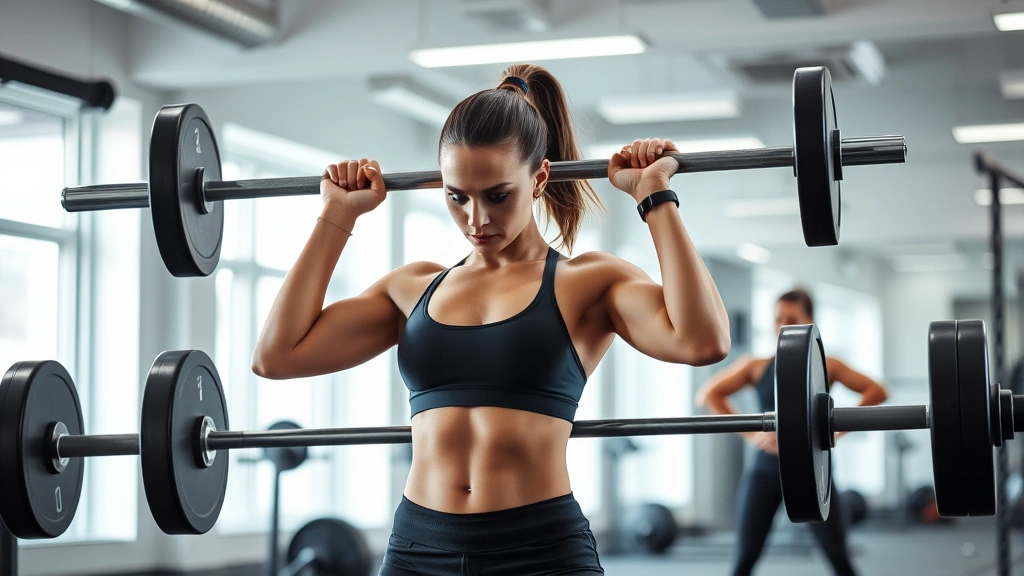 Woman performing barbell strength training exercise in bright gym with mirrors, focused intensity, healthy athletic physique, proper form demonstrated