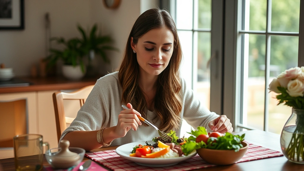 Woman eating mindfully at dining table with fresh prepared meal, natural window light, peaceful expression, no distractions visible