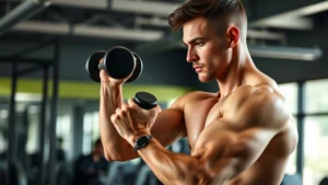 Fit male athlete in gym doing dumbbell exercises with proper form, focused expression, professional training environment with natural lighting