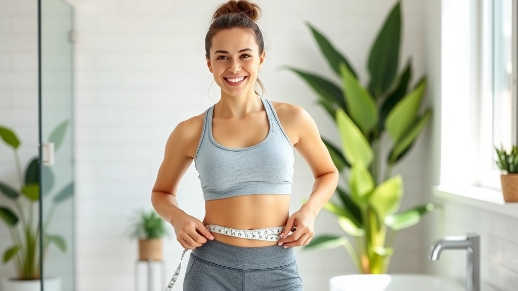 A woman measuring her waist with a measuring tape, smiling confidently in natural light, wearing comfortable athletic clothes, standing in a bright, clean bathroom with white tiles and green plants in the background