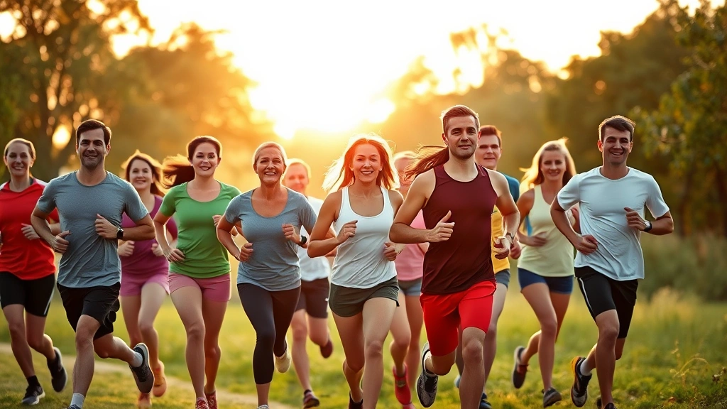 A diverse group of people jogging together outdoors in a park during golden hour, showing various body types and ages, surrounded by trees and natural scenery, appearing healthy and energetic