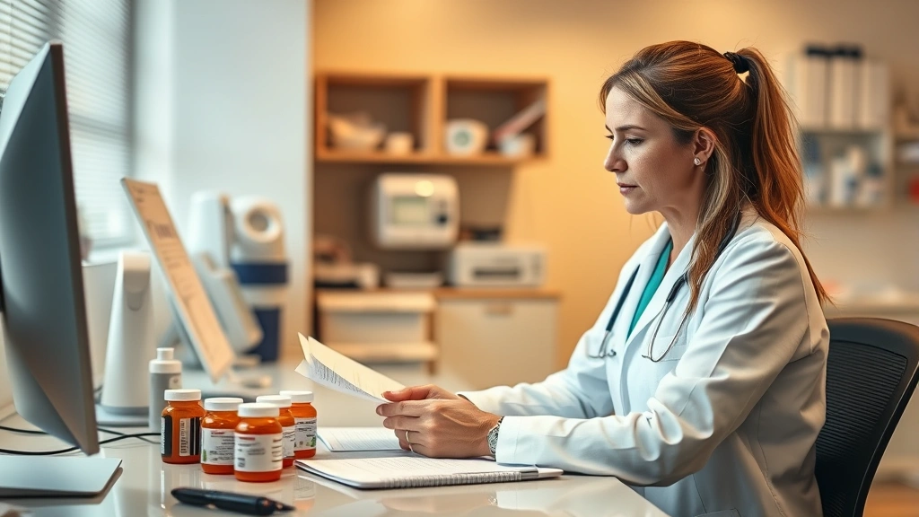 A nutritionist or healthcare professional reviewing medical charts and notes at a desk with a computer, with prescription bottles visible, professional clinic setting with warm lighting and medical equipment in background