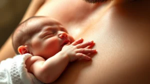 Close-up of a newborn's hand resting on parent's chest during skin-to-skin contact, warm lighting, peaceful expression, showing bonding and early feeding support