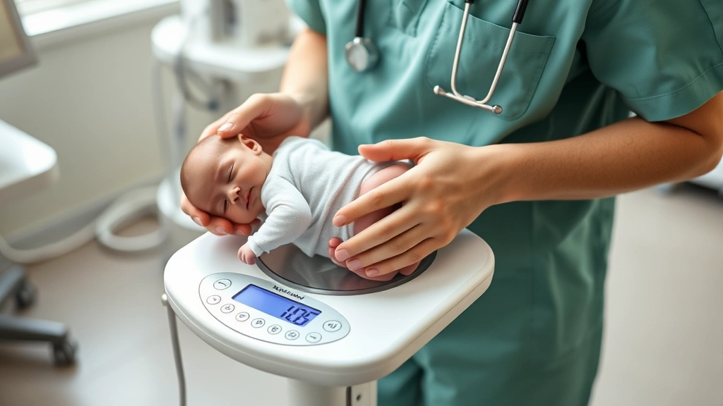 Healthcare provider gently weighing newborn on digital infant scale in clinical setting, professional medical environment, caring hands, accurate measurement
