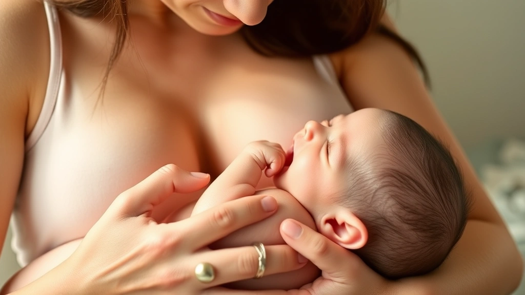 Healthy newborn feeding at breast with proper latch visible, mother's supportive posture, natural lighting, peaceful feeding moment showing successful nutrition