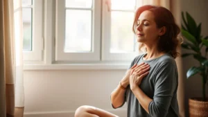 Woman sitting peacefully by a window with soft natural light, hands on chest in a calming meditation pose, serene expression, warm home environment, wellness focus
