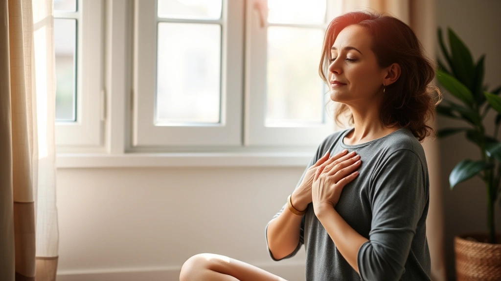 Woman sitting peacefully by a window with soft natural light, hands on chest in a calming meditation pose, serene expression, warm home environment, wellness focus