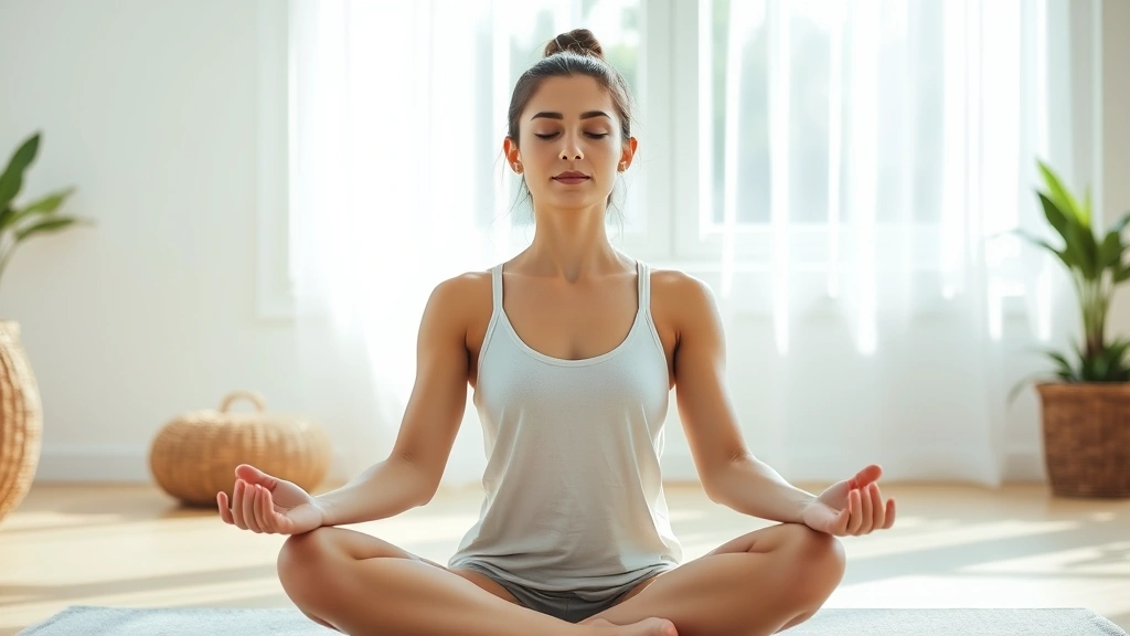 Young woman sitting peacefully in sunlit room practicing deep breathing meditation, serene expression, natural light, wellness focused, relaxed posture on comfortable seating