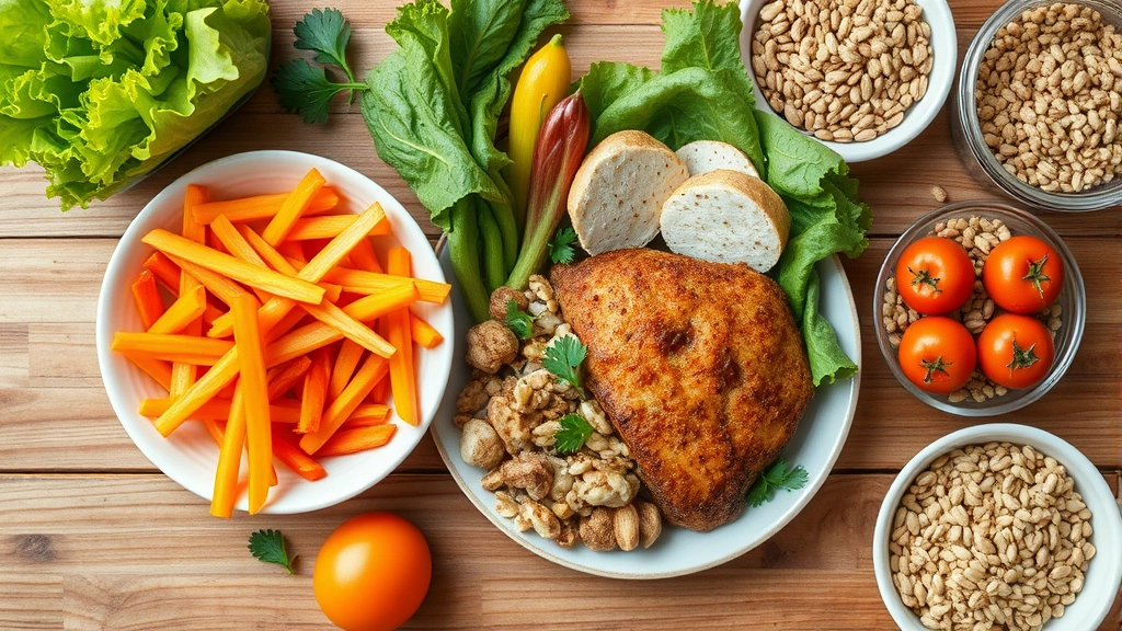 Overhead view of colorful nutritious meal with fresh vegetables, lean protein, nuts and whole grains on wooden table, vibrant healthy food composition, natural daylight