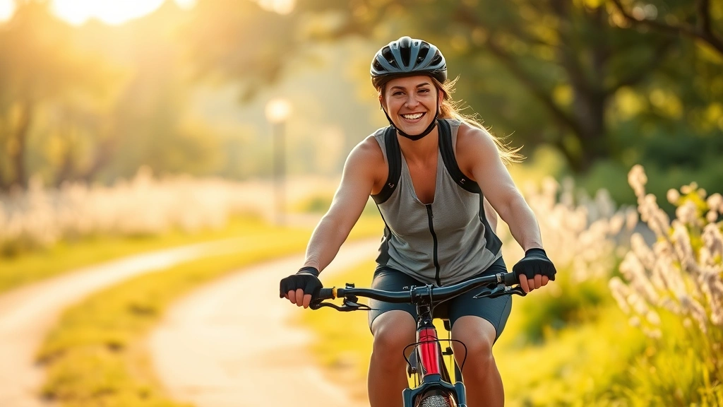 Person doing outdoor cycling on a scenic path, smiling and energetic, morning sunlight, athletic wear, nature background with trees, active lifestyle wellness