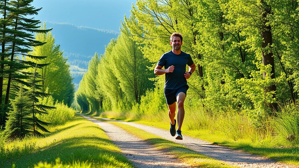 Person jogging outdoors on scenic trail surrounded by green trees and nature, athletic fit individual exercising in fresh air, morning sunlight, health and wellness lifestyle