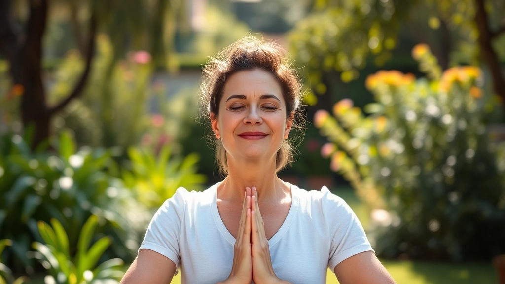 Person in peaceful yoga pose in serene garden setting, natural sunlight, calm facial expression, wellness atmosphere